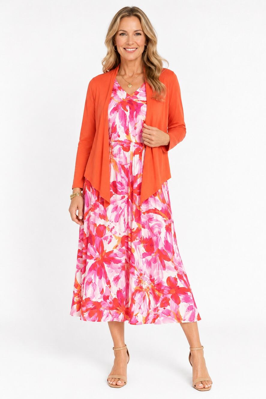 Belle by Kim Gravel 2 Pc Dress & Cardigan Set NWOT Pink Orange size Medium